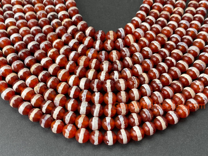 15" 8mm Dark Red tibetan Dzi agate round beads, white line