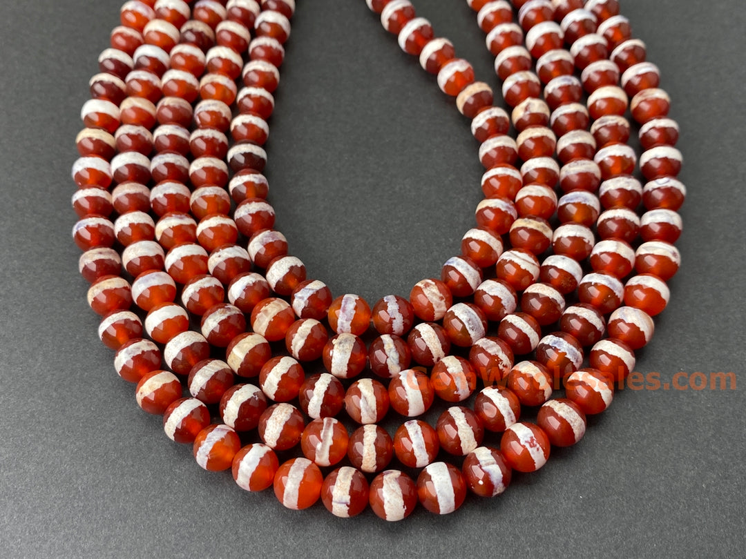 15" 8mm Dark Red tibetan Dzi agate round beads, white line