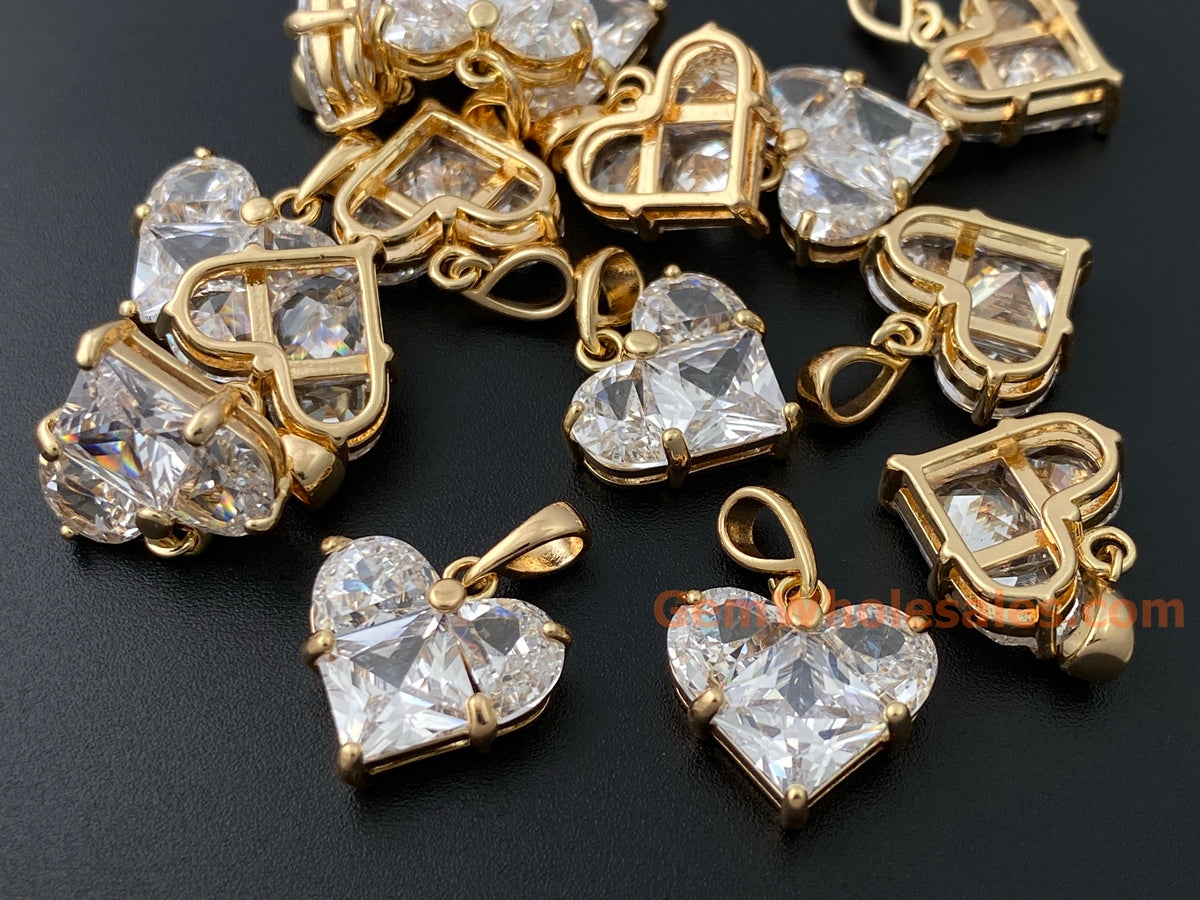 2PCS 14mm clear CZ heart, gold plated brass heart charms pendant