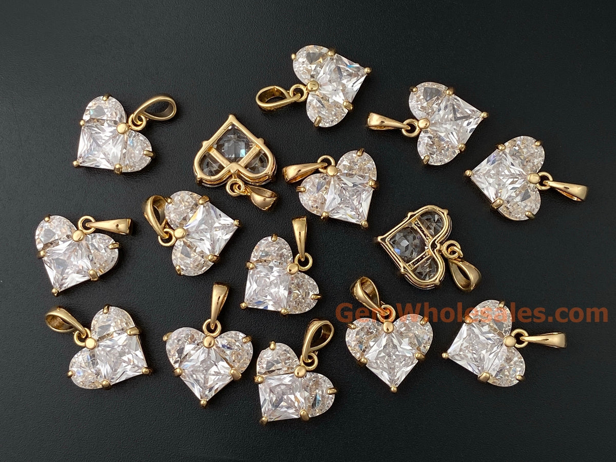 2PCS 14mm clear CZ heart, gold plated brass heart charms pendant