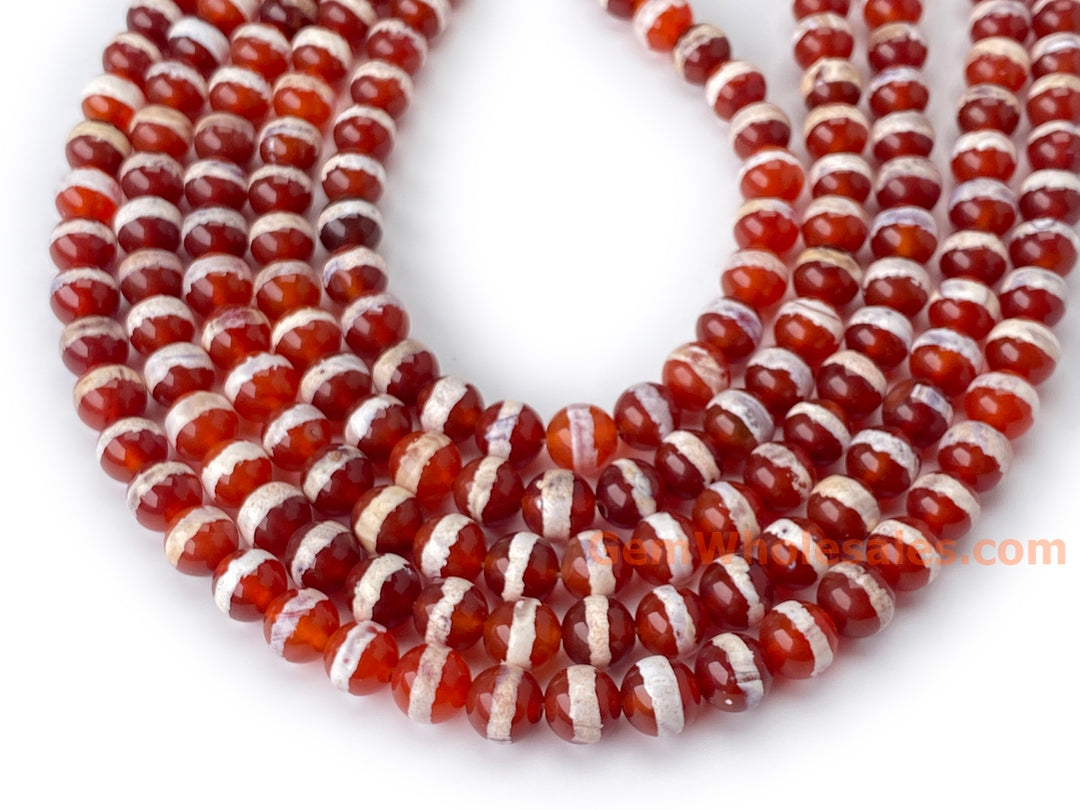 15" 8mm Dark Red tibetan Dzi agate round beads, white line