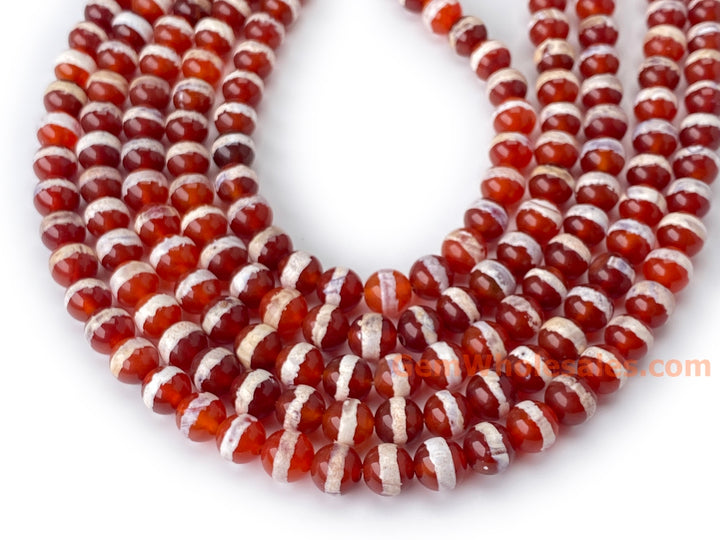 15" 8mm Dark Red tibetan Dzi agate round beads, white line