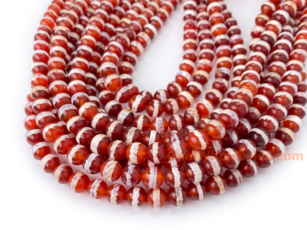 15" 8mm Dark Red tibetan Dzi agate round beads, white line