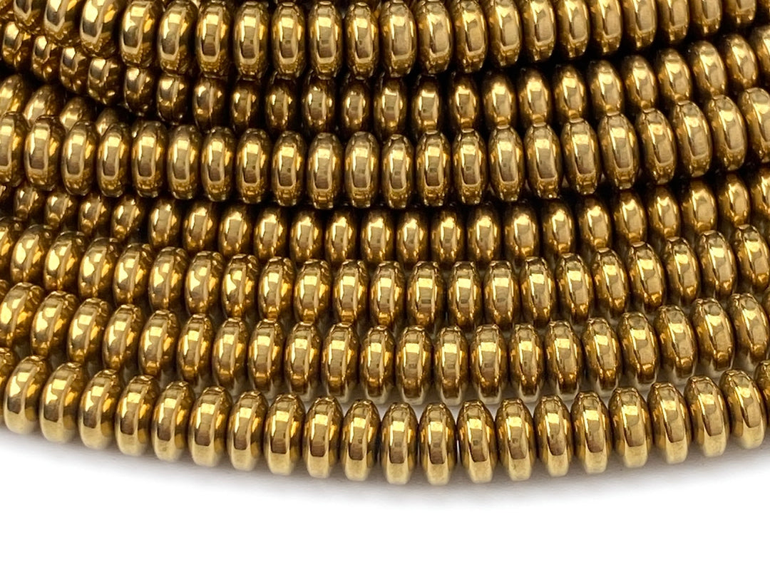 15.5" Hematite stone 2x4mm roundel beads, gold color disc beads