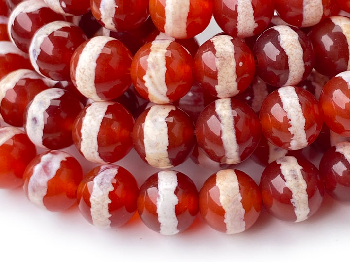15" 8mm Dark Red tibetan Dzi agate round beads, white line