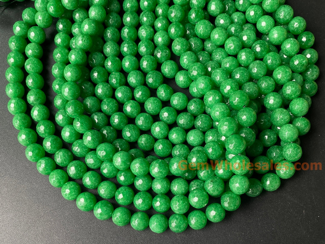 15" 10mm Dark green Malaysian jade Round faceted beads