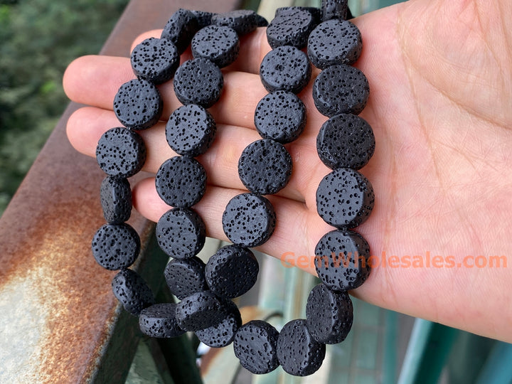 14mm black Lava Coin beads, Gemstone pendant, 15"