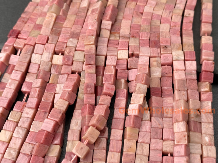 15" 4mm natural rhodonite stone cube beads