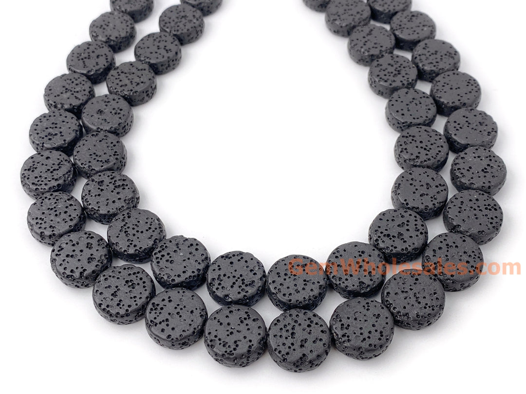 14mm black Lava Coin beads, Gemstone pendant, 15"