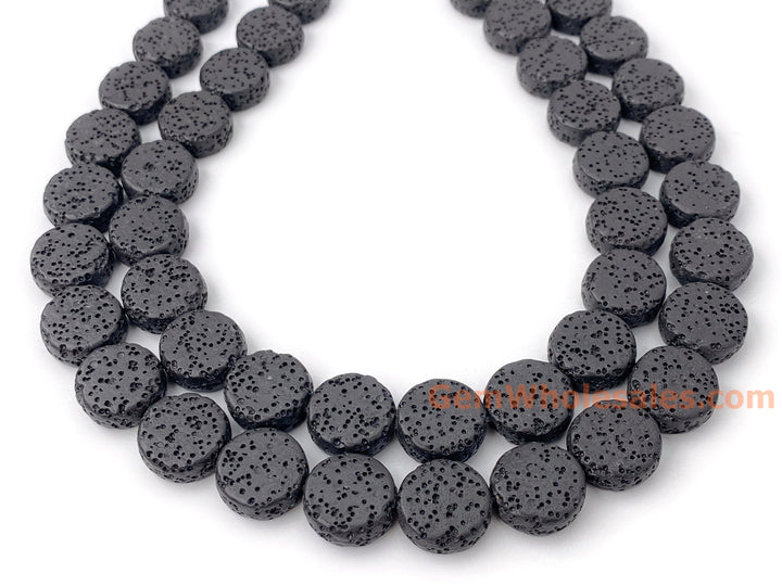 14mm black Lava Coin beads, Gemstone pendant, 15"