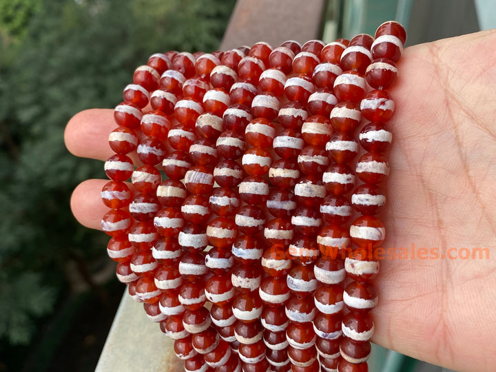 15" 8mm Dark Red tibetan Dzi agate round beads, white line