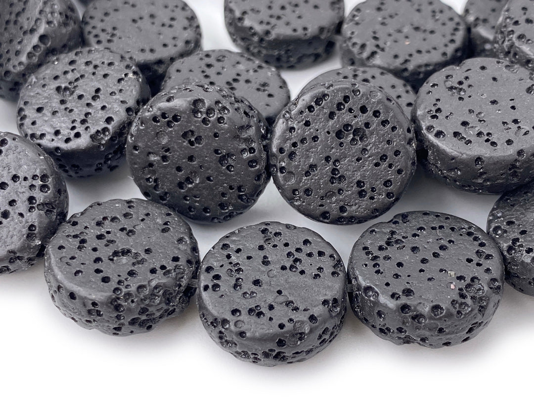 14mm black Lava Coin beads, Gemstone pendant, 15"