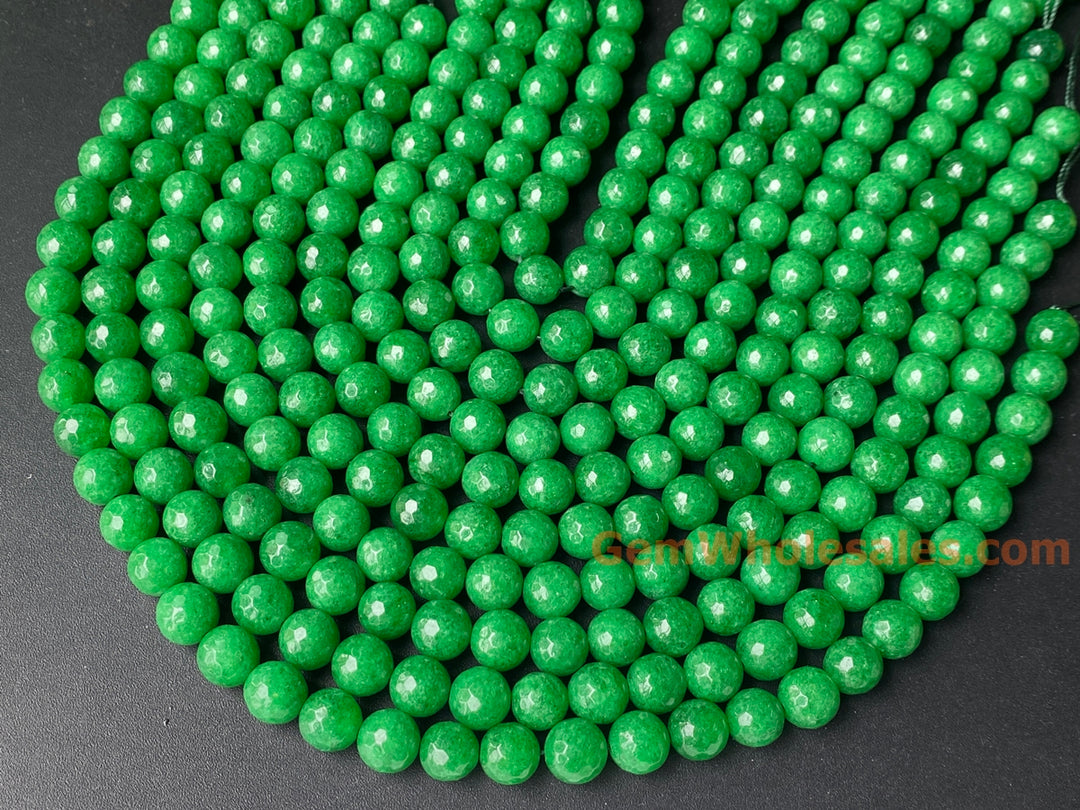 15" 10mm Dark green Malaysian jade Round faceted beads