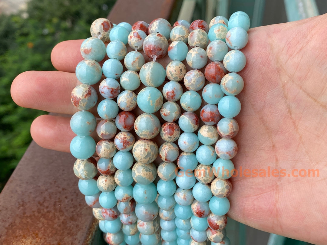 8mm Light Blue emperor jasper round beads, 15"