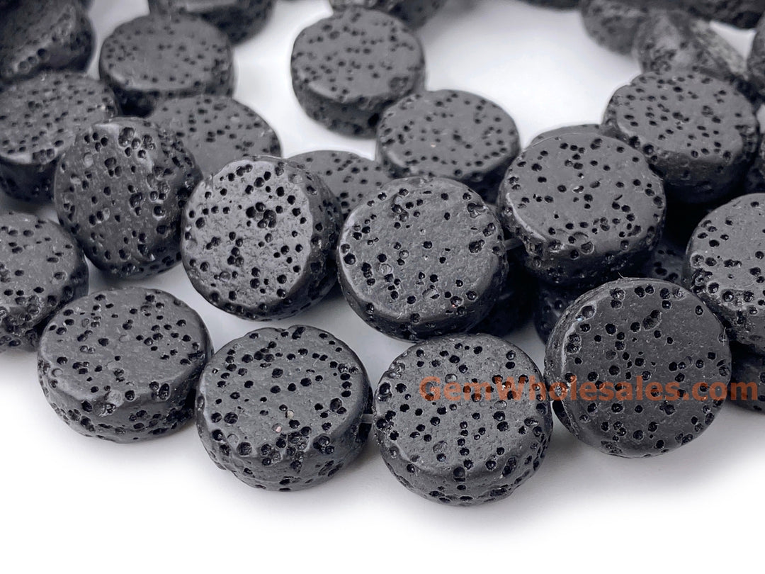 14mm black Lava Coin beads, Gemstone pendant, 15"