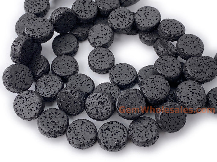 14mm black Lava Coin beads, Gemstone pendant, 15"