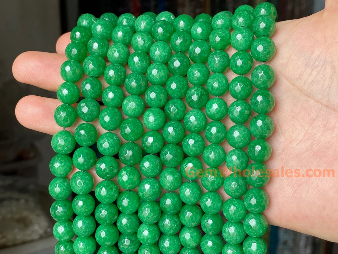 15" 10mm Dark green Malaysian jade Round faceted beads