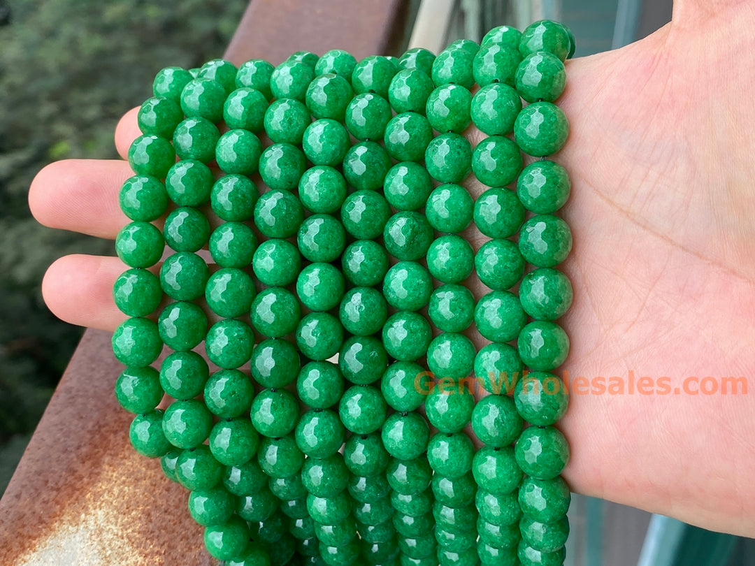 15" 10mm Dark green Malaysian jade Round faceted beads