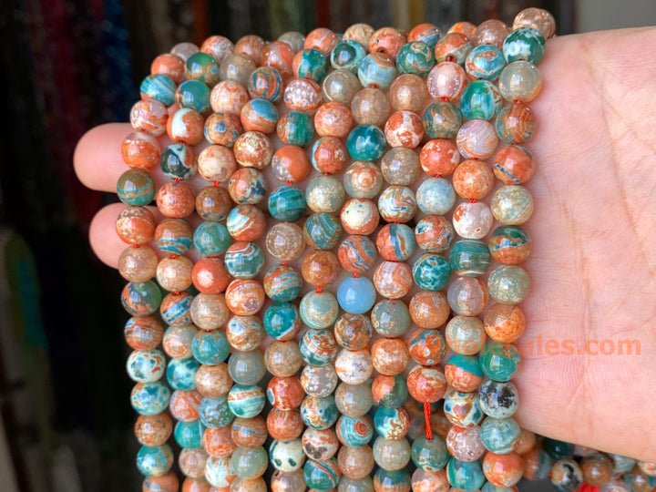 Perles rondes en pierre semi-précieuse d'agate de feu verte orange de 15 pouces et 8 mm