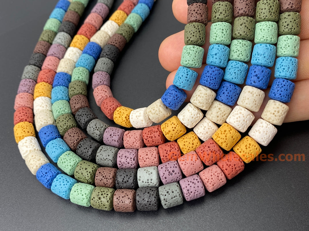 8mm yellow blue Green Rainbow color Lava tube beads, 15.5"