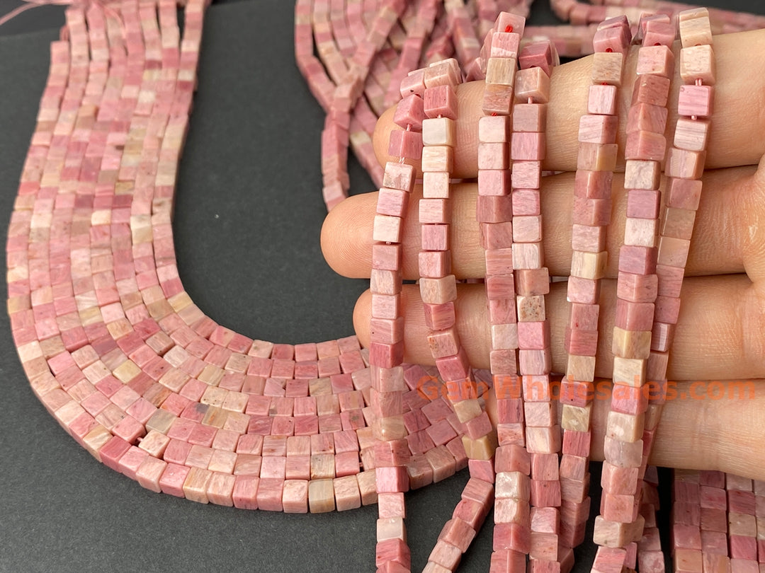 15" 4mm natural rhodonite stone cube beads
