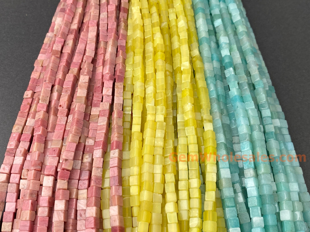 15" 4mm natural yellow olive jade/Lemon jade cube beads