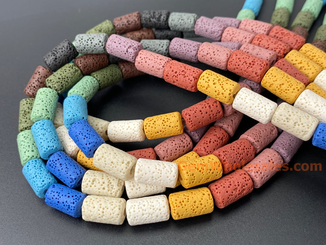 8x15mm yellow blue Green Multi color Lava tube beads, 15.5"