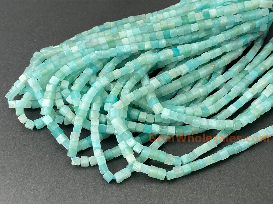 15" 4mm natural green Amazonite stone cube beads