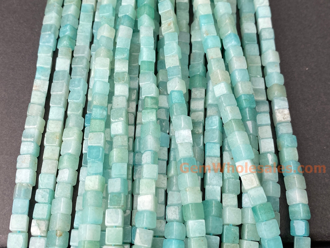 15" 4mm natural green Amazonite stone cube beads