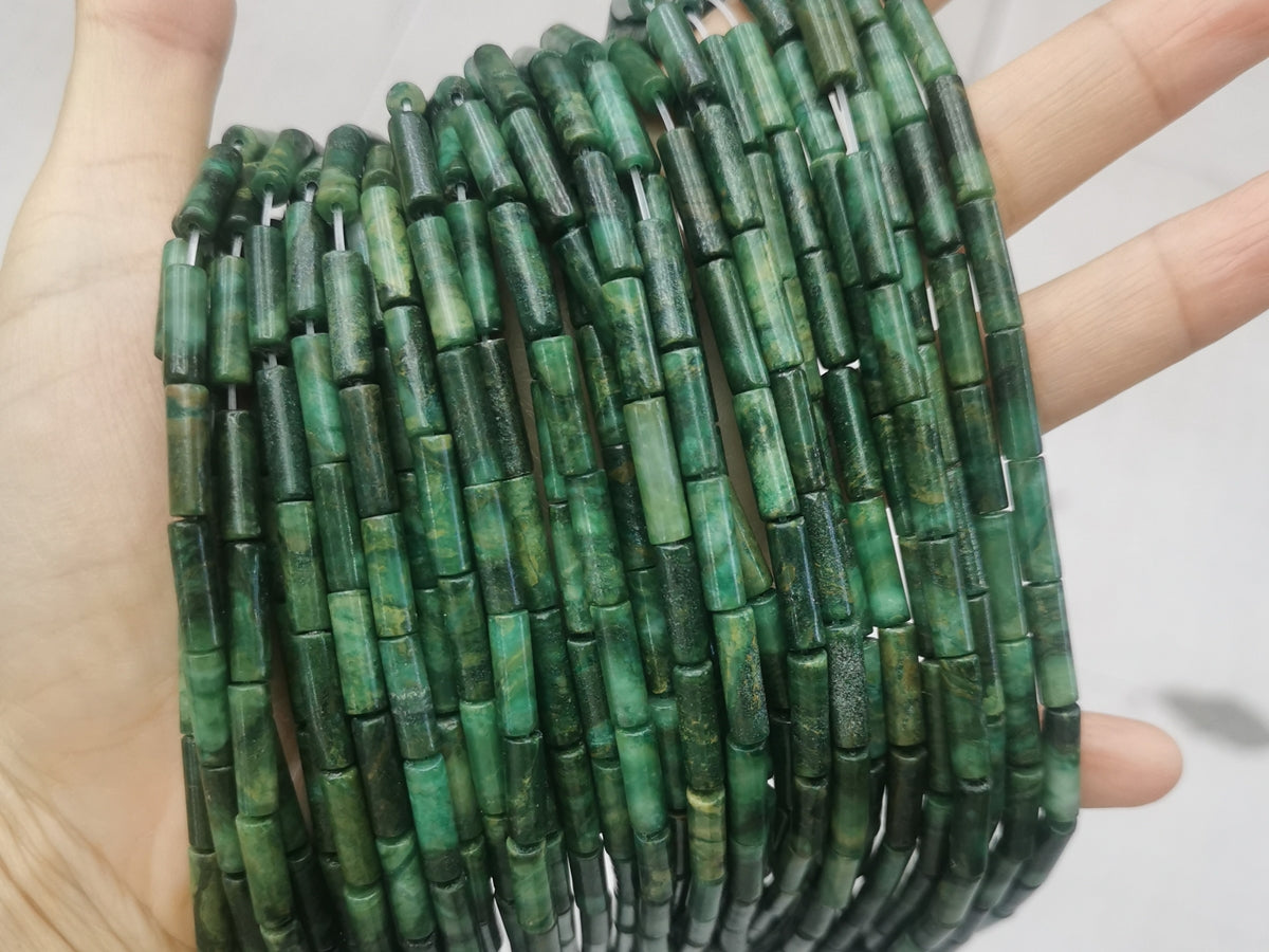 15.5" 4x13mm natural African green jade round tube Cylinder beads