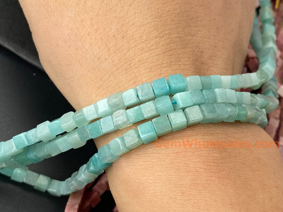 15" 4mm natural green Amazonite stone cube beads
