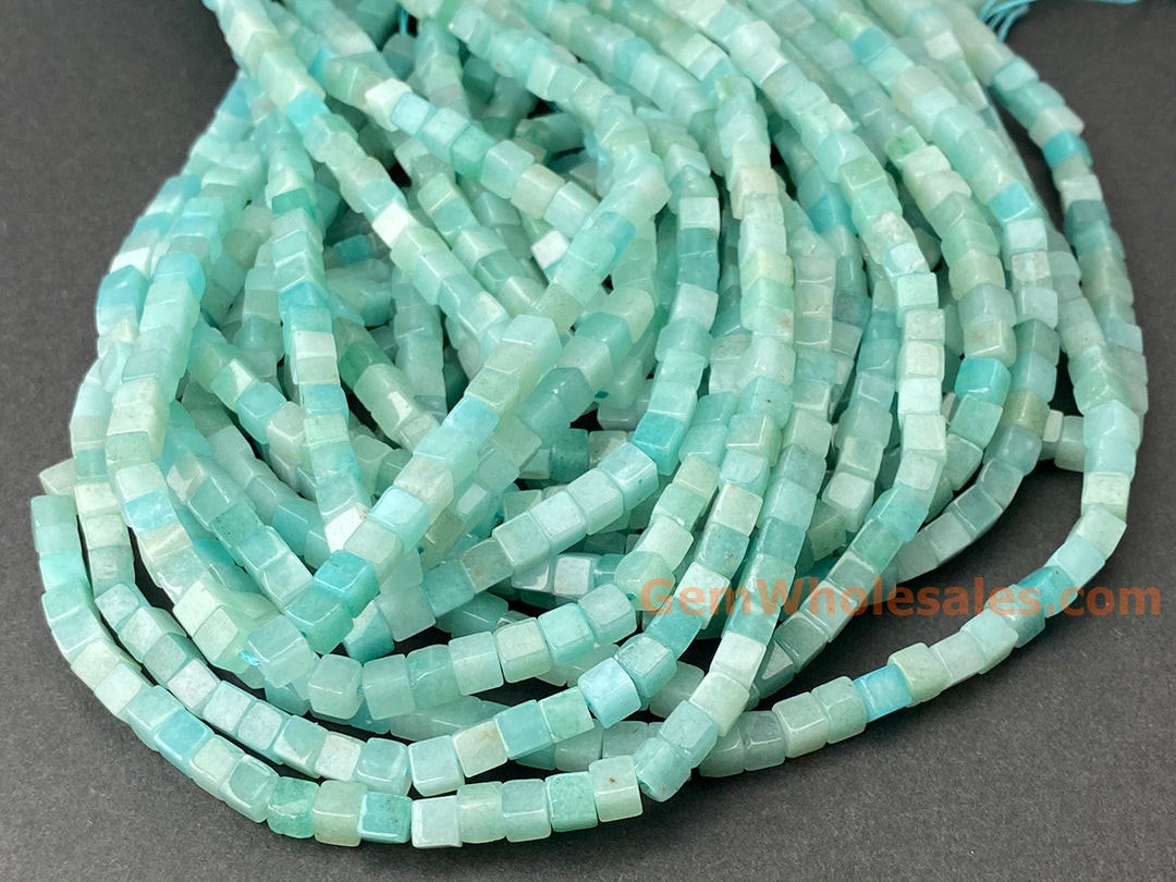 15" 4mm natural green Amazonite stone cube beads