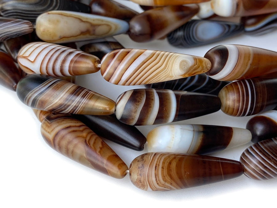 15.25" 10x30mm matte/frosted brown stripe agate teardrop beads