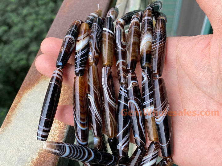 15" 10x50mm brown stripe Agate oval/rice beads