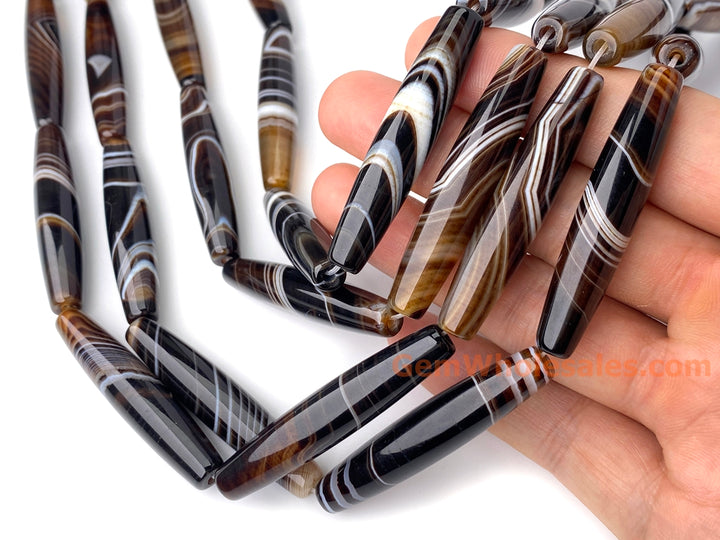 15" 10x50mm brown stripe Agate oval/rice beads
