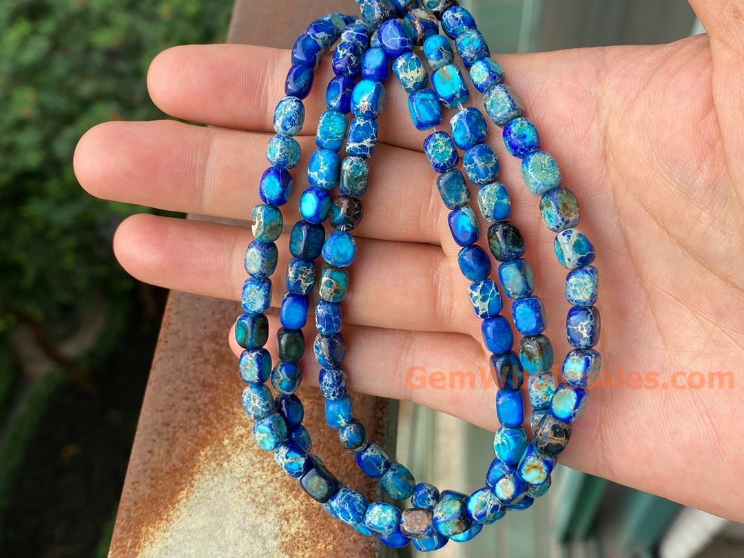 15.5" 5x7mm blue Sea Sediment, Impression Jasper rectangle cube beads