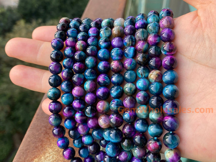 Perles rondes en œil de tigre teintées bleu violet de 15 pouces, 8 mm/10 mm