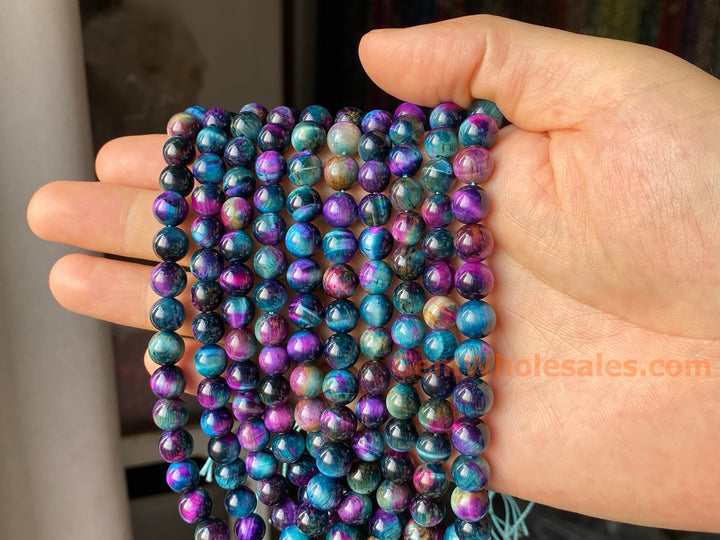 Perles rondes en œil de tigre teintées bleu violet de 15 pouces, 8 mm/10 mm