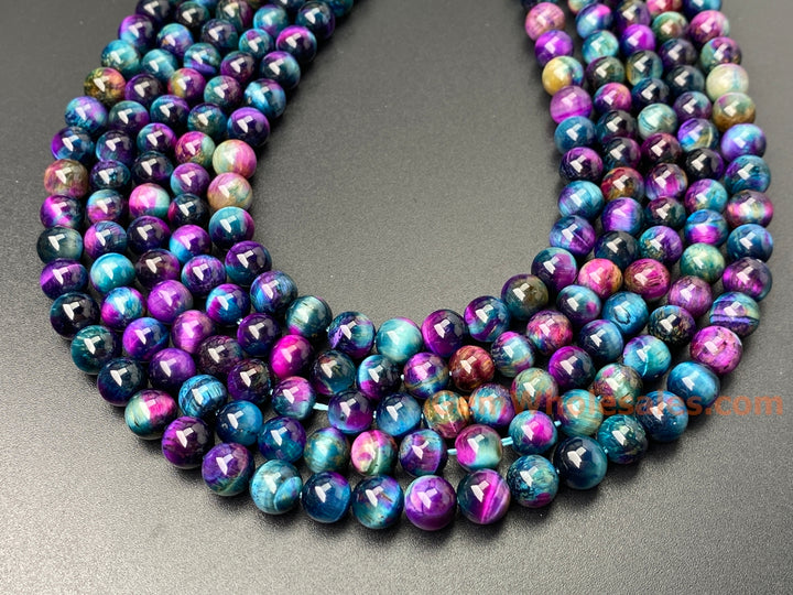 Perles rondes en œil de tigre teintées bleu violet de 15 pouces, 8 mm/10 mm
