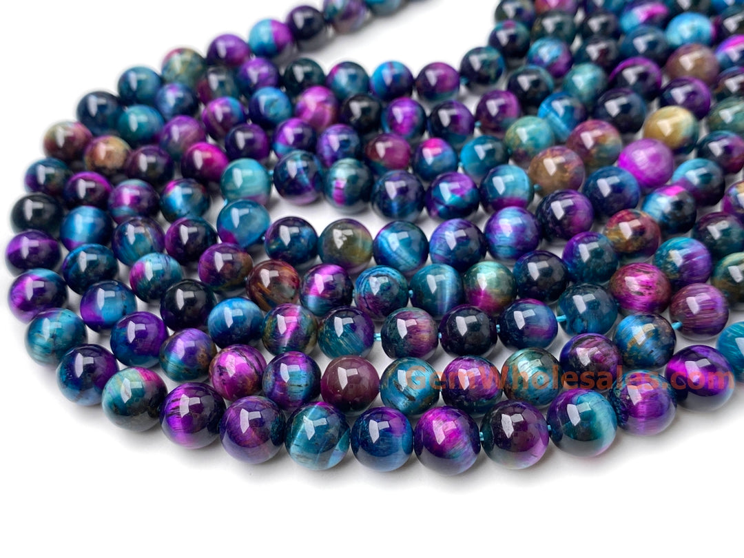 Perles rondes en œil de tigre teintées bleu violet de 15 pouces, 8 mm/10 mm