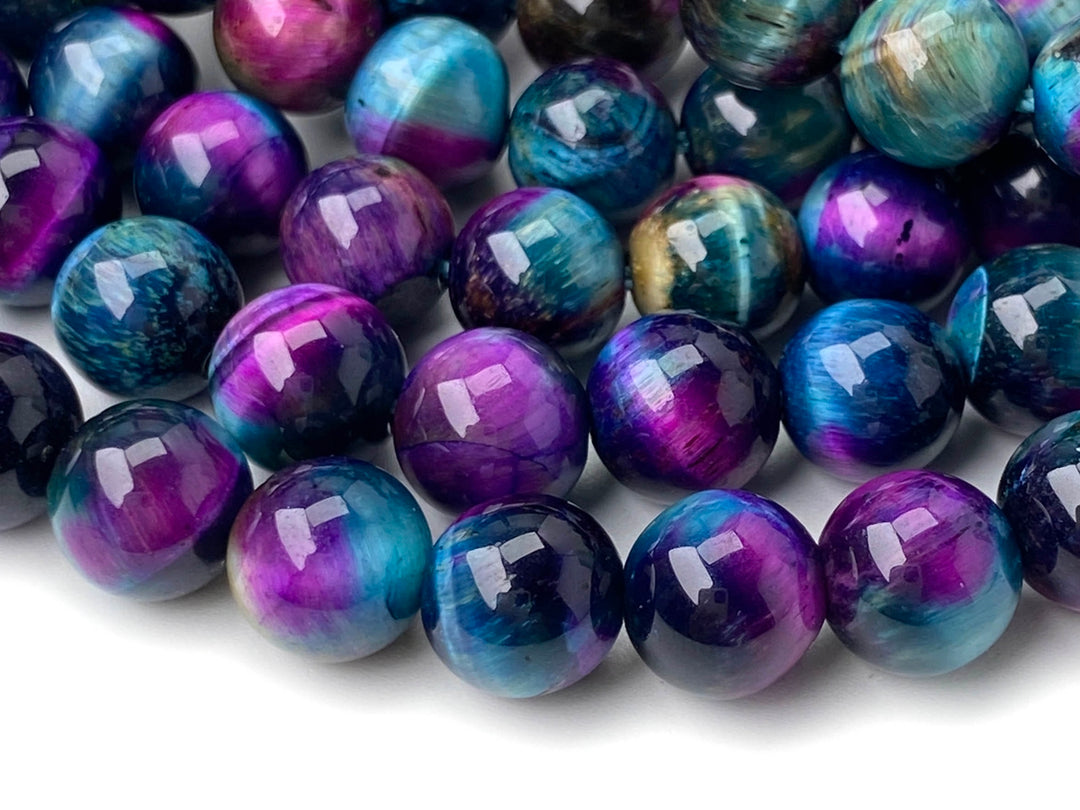 Perles rondes en œil de tigre teintées bleu violet de 15 pouces, 8 mm/10 mm