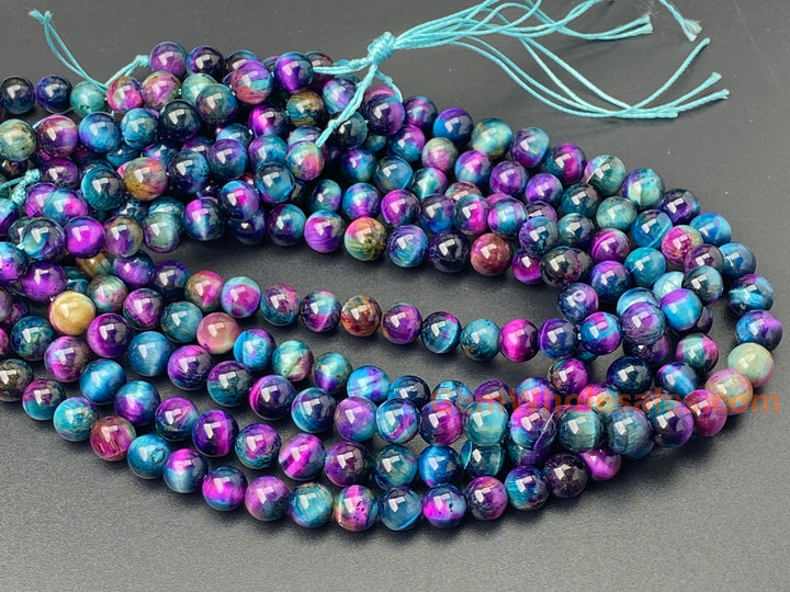 Perles rondes en œil de tigre teintées bleu violet de 15 pouces, 8 mm/10 mm