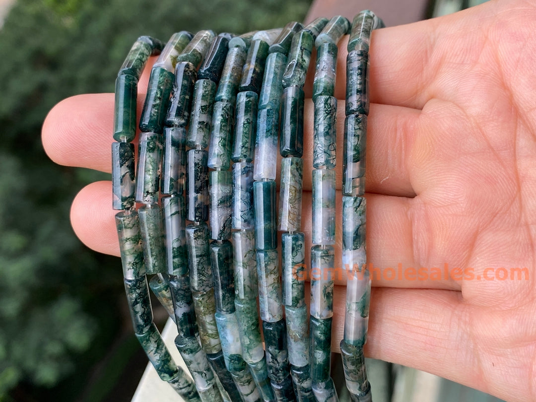 15.5" 4x13mm natural green moss Agate round Tube beads Gemstone