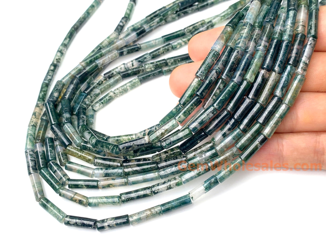 15.5" 4x13mm natural green moss Agate round Tube beads Gemstone