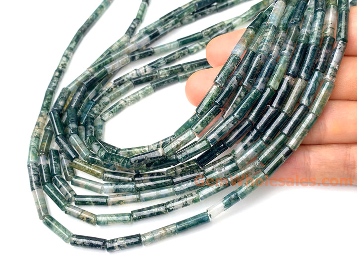 15.5" 4x13mm natural green moss Agate round Tube beads Gemstone