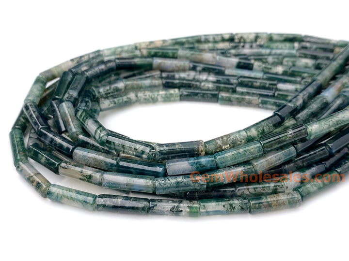 15.5" 4x13mm natural green moss Agate round Tube beads Gemstone