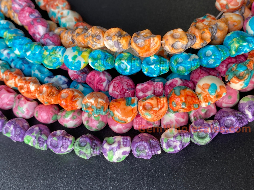 15.5" 10mm/12mm Dyed dark orange blue rain flower stone skull beads