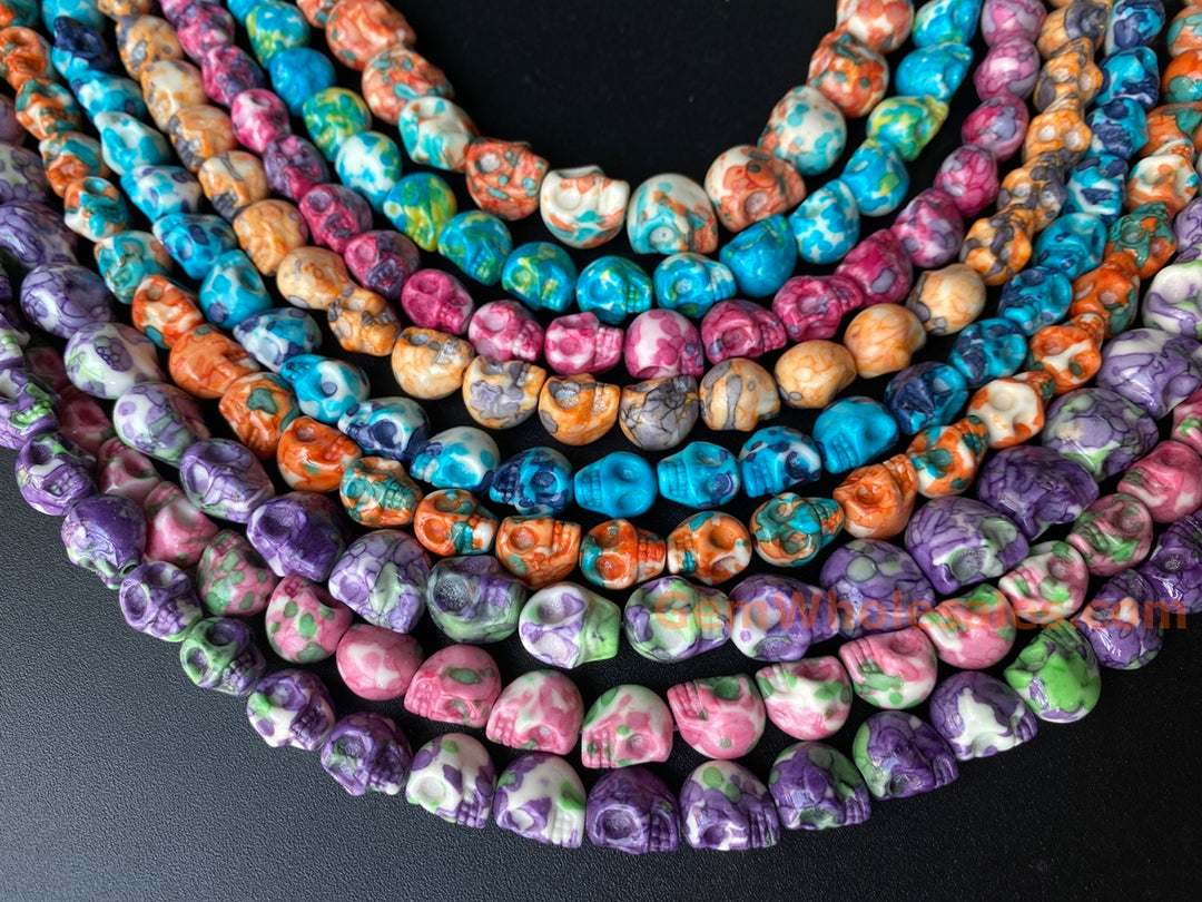 15.5" 10mm/12mm Dyed dark orange blue rain flower stone skull beads