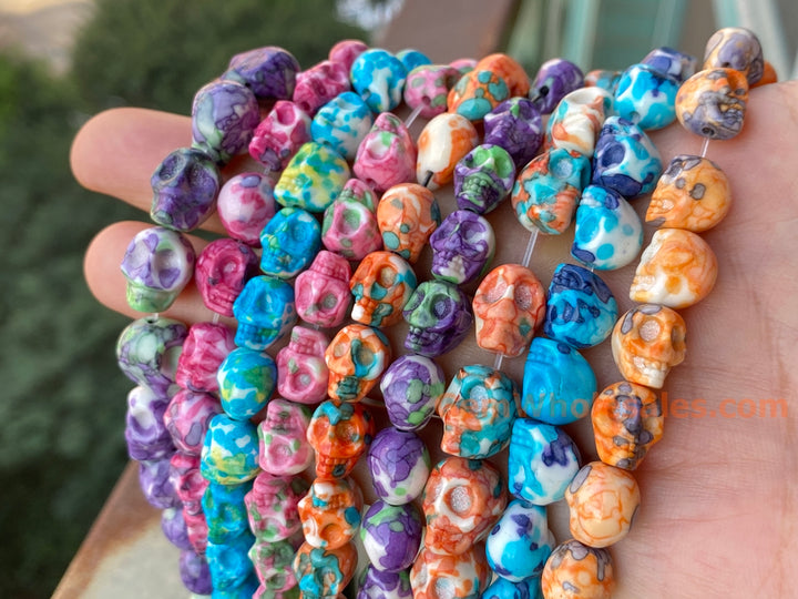 15.5" 10mm/12mm Dyed dark orange blue rain flower stone skull beads