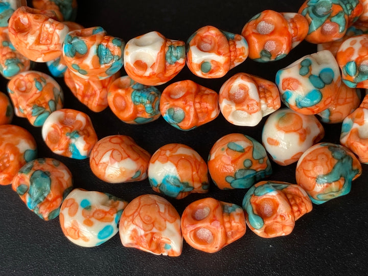 15.5" 10mm/12mm Dyed dark orange blue rain flower stone skull beads